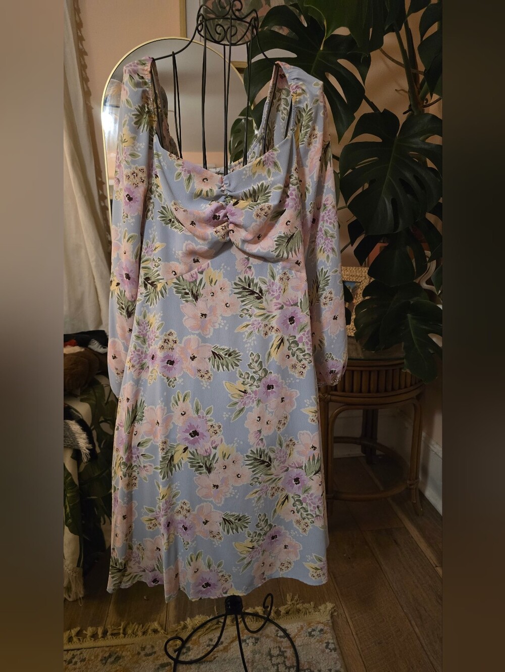 CBRAND Closet Candy Pastel Floral Ruched Bust Long Sleeve Mini Dress XL